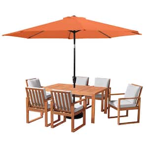 8 Piece Set, Weston Wood Outdoor Dining Table Set with 6 Cushioned Chairs, and 10-Foot Auto Tilt Umbrella Terre Cotta