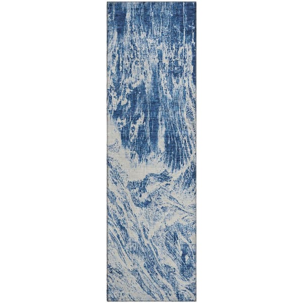 Mayfield Premium Machine Washable Abstract AMF971 Navy 2 ft. 3 in. x 7 ft. 6 in. Runner Rug