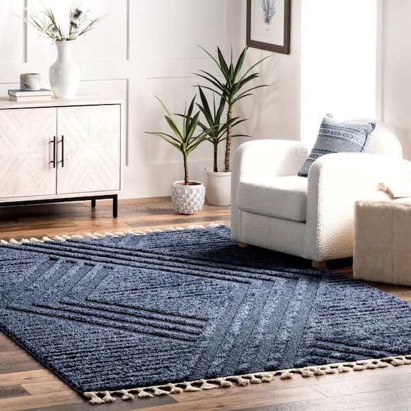 Risette Geometric Shag Tassel Blue 7 ft. 10 in. x 10 ft. Area Rug