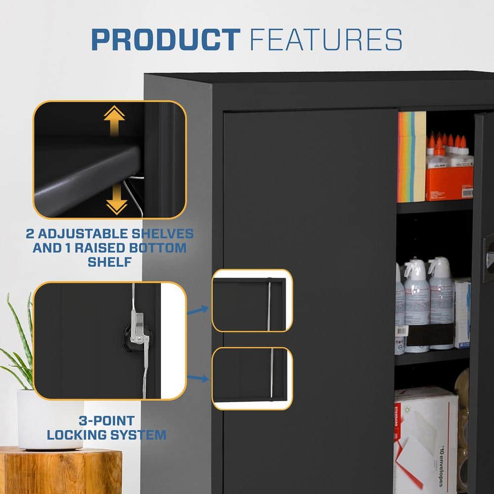 Black Steel Freestanding Lockable Cabinet with Adjustable Shelving