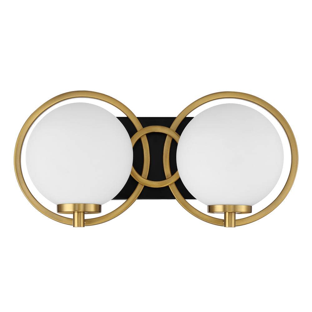 Matte Black and Warm Brass 2-Light Vanity with Frosted Glass Shades