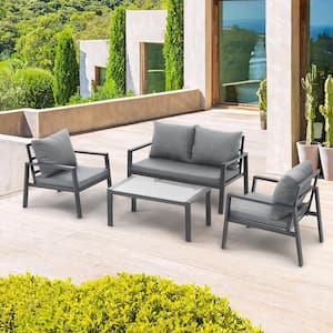 Soleil Jardin 4-piece Aluminum Outdoor Conversation Sofa Set, Dark Grey Finish and Grey Cushions