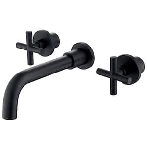 Double Handle Wall Mounted Bathroom Faucet in Matte Black with Brass Rough-in Valve
