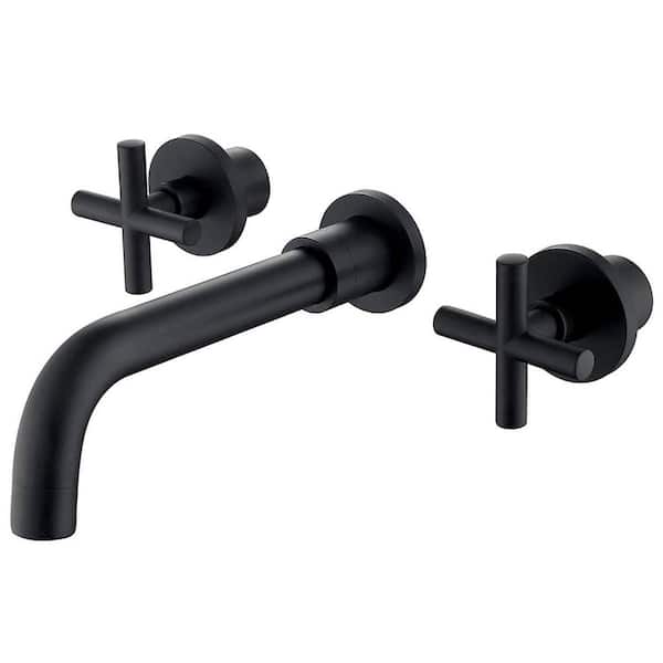 Unbranded Double Handle Wall Mounted Bathroom Faucet in Matte Black with Brass Rough-in Valve