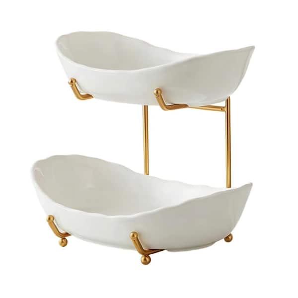 2-Tier Ceramic Fruit Bowl with Metal Stand for Kitchen Counter Fruit and Vegetable Storage, Gold Modern
