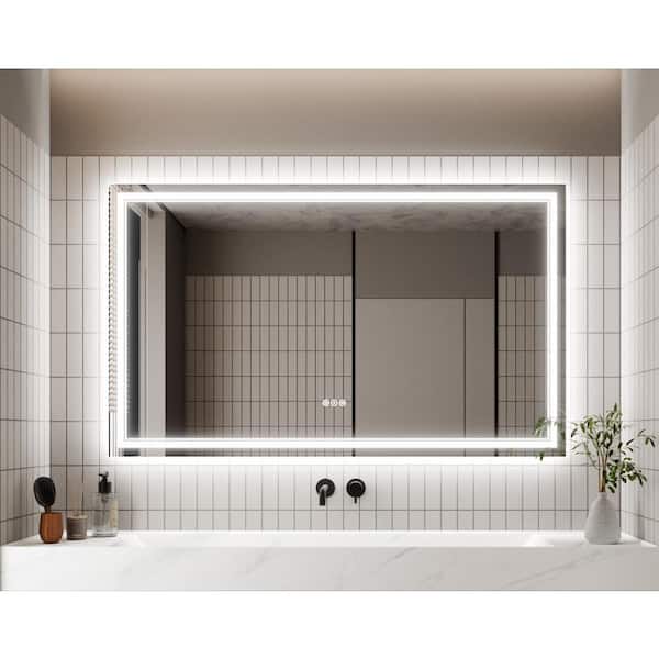 EAKYHOM 72 in. W x 36 in. H Rectangular Frameless Anti-Fog Wall Dimmable Backlit Dual LED Bathroom Vanity Mirror in Silver