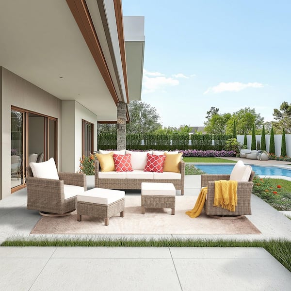 5-Piece Wicker Outdoor Patio Conversation Seating Set with Beige Cushions