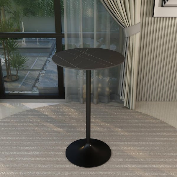 Leisuremod Round 27 in. Bar Height Dining Table with Sintered Stone Top and Black Steel Base Verve Series in Black Marbleized
