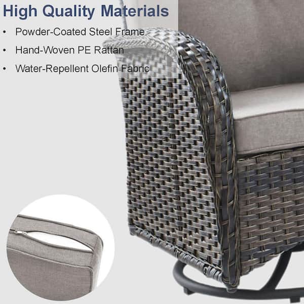 Rotavia Brown Wicker 5-Piece Outdoor Rectangular Fire Pit Table Patio Conversation Swivel Chair Set with Gray Cushions