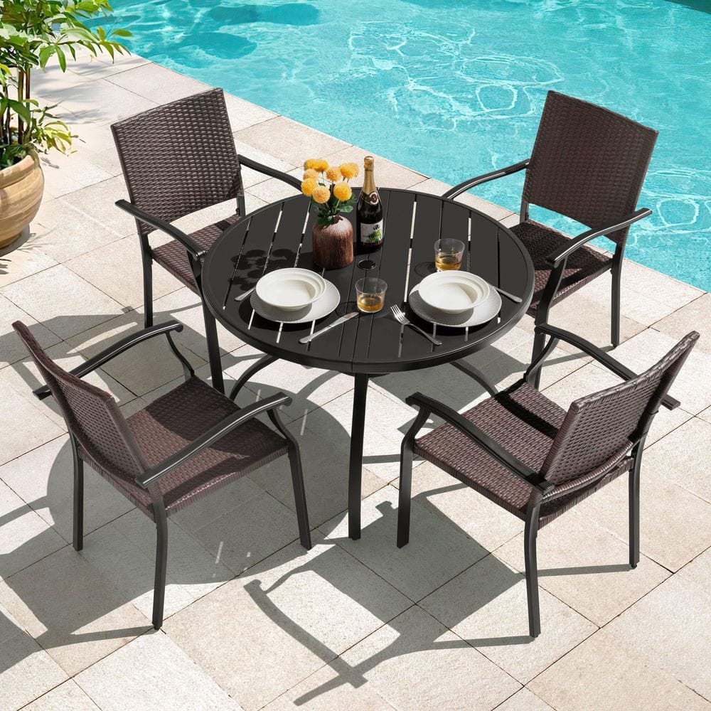 Nuu Garden Black 5-Piece Wicker and Metal Round Outdoor Dining Set
