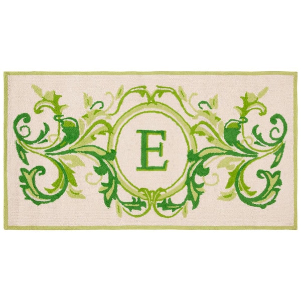 Monogram Beige/Green 3 ft. x 6 ft. "E" Swirl Leaves Indoor/Outdoor Area Rug