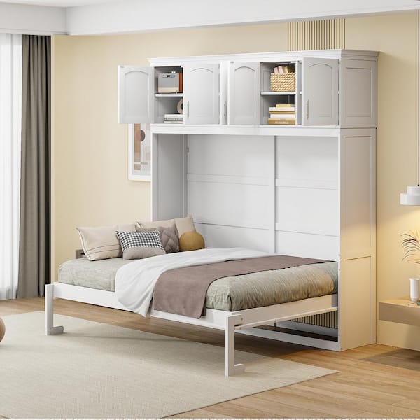 White Wood Frame Full Murphy Bed with Top Cabinets