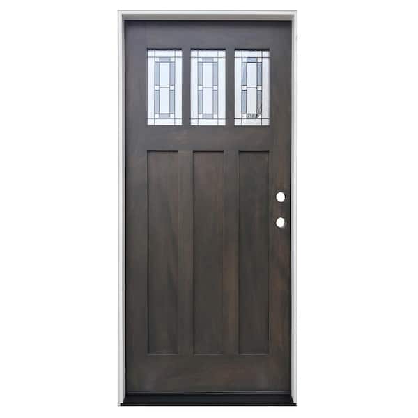 Pacific Entries 36 in. x 80 in. Ash Left-Hand Inswing 3-Lite Triple Pane Decorative Glass Stained Mahogany Prehung Front Door