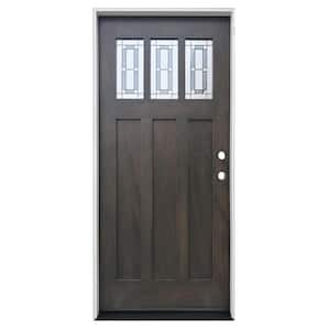 36 in. x 80 in. Ash Left-Hand Inswing 3-Lite Decorative Glass Stained Mahogany Prehung Front Door with 6-9/16 in. Jamb