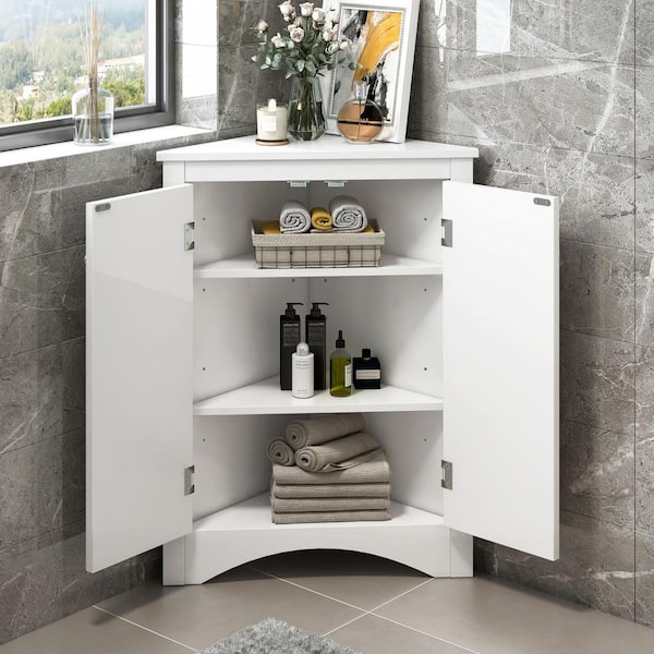 17.2 in. W x 17.2 in. D x 31.5 in. H White MDF Board Freestanding Corner Linen Cabinet with Adjustable Shelves in White