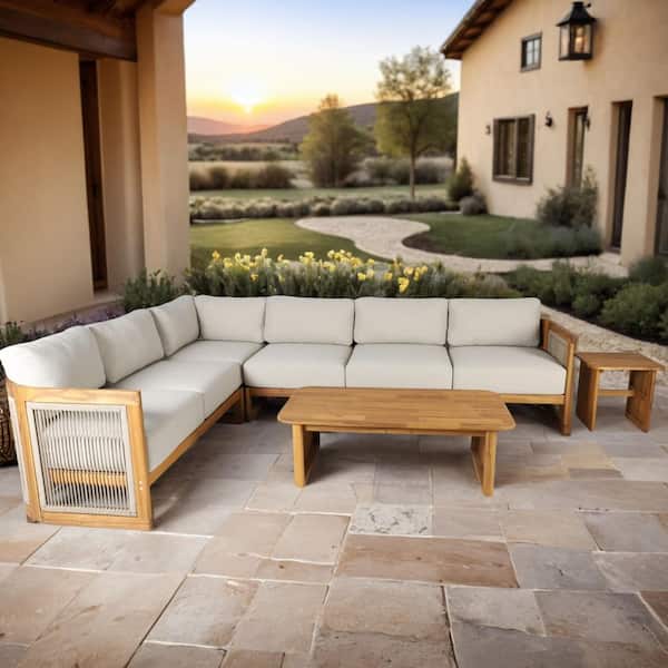 Guzal 6-Piece Acacia Wood Patio Outdoor Sectional Conversation Set with Cream Cushions