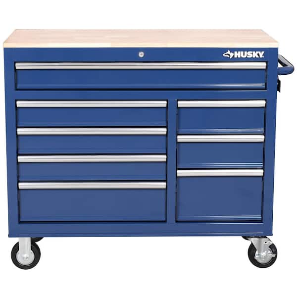 42 in. W x 18.1 in. D 8-Drawer Blue Mobile Workbench Cabinet with Solid  Wood Top