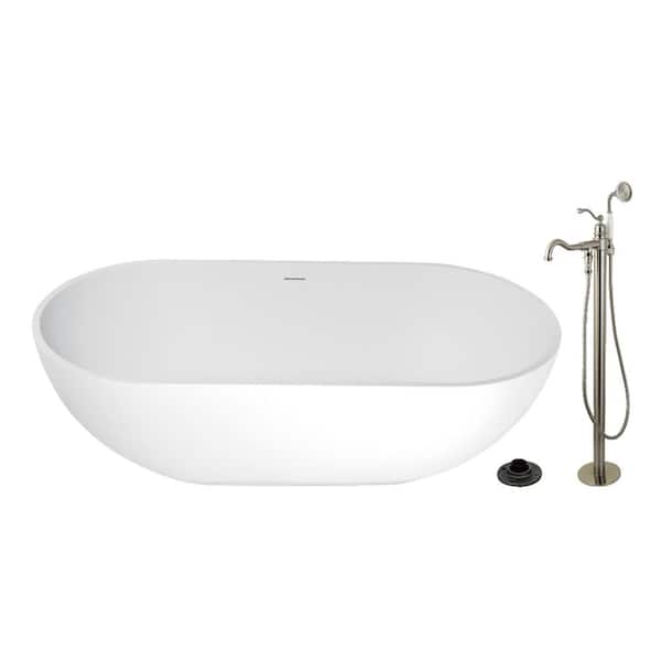 Arcticstone 70.1 in. x 34.6 in. Surface White Stone Flatbottom Soaking Freestanding Bathtub in White/Brushed Nickel