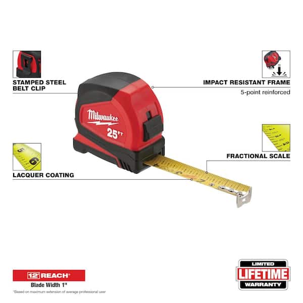 Compact 25 ft. SAE Tape Measure with Fractional Scale and 9 ft. Standout