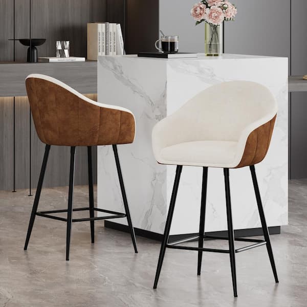 Briarwood 26.5" Upholstered Counter Stools with Footrest, Metal Frame, Beige + Brown + Black, Set of 2