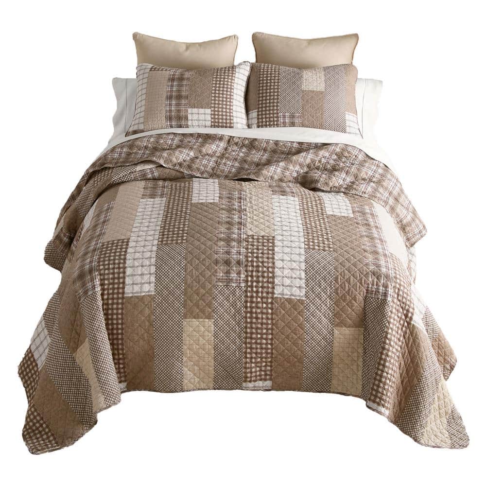 White and Taupe Reversible Cotton King Quilt Set