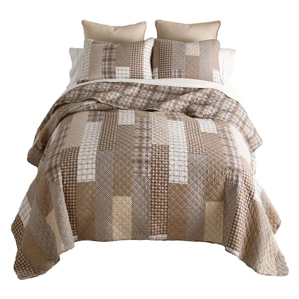 Highland Plaid 3PC Beige and White King Cotton Quilt Set