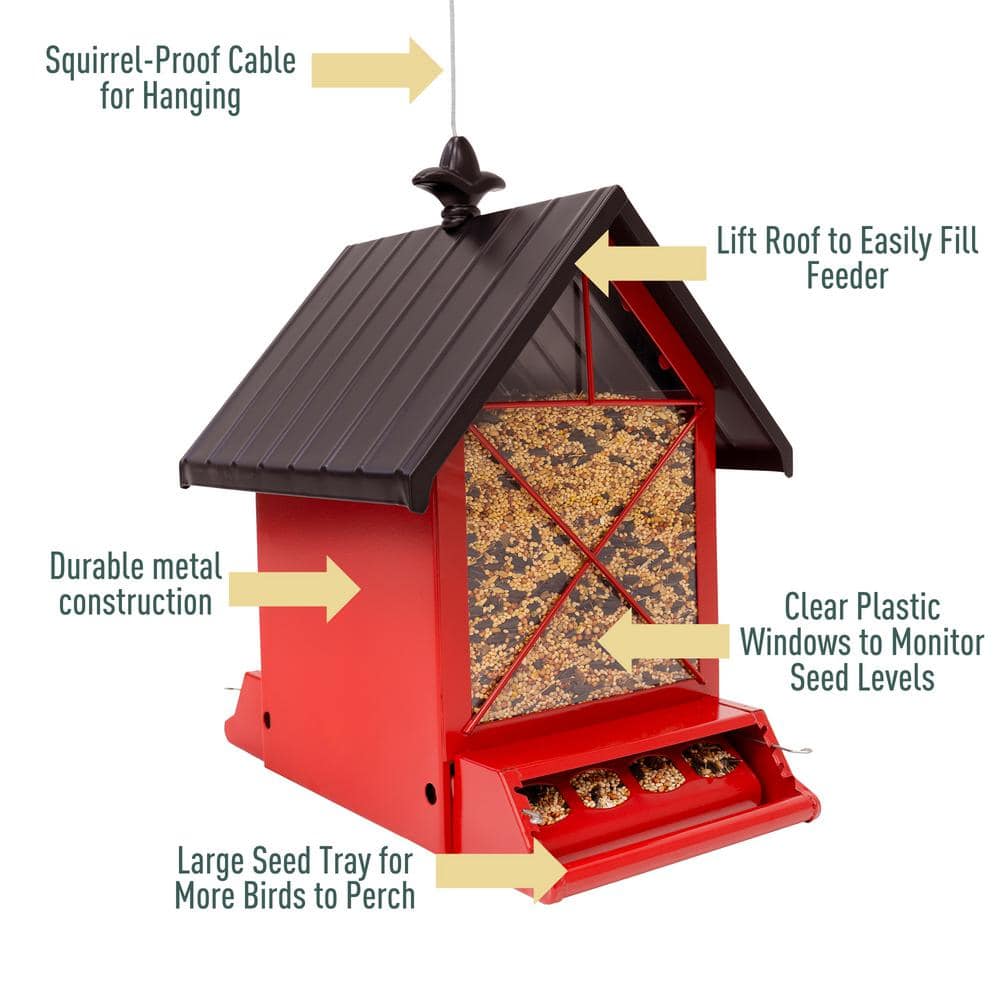Red and Black Metal Squirrel Resistant Hanging Hopper Feeder