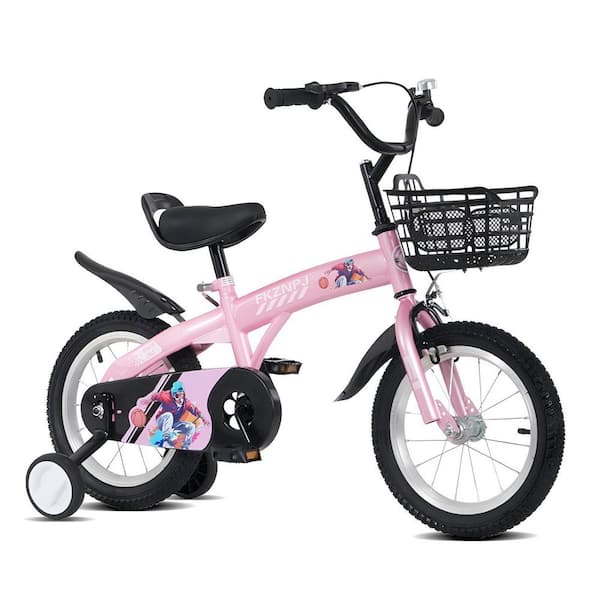 Pink 16 in. Girls Adjustable Saddle Bike with Training Wheels and Basket for Age 4-7 Years