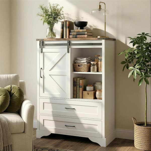 TECHMILLY Farmhouse 5 Drawer Dresser, 47" Rustic Tall Chest with Sliding Barn Door TM-BS-003SD-BRW-XX