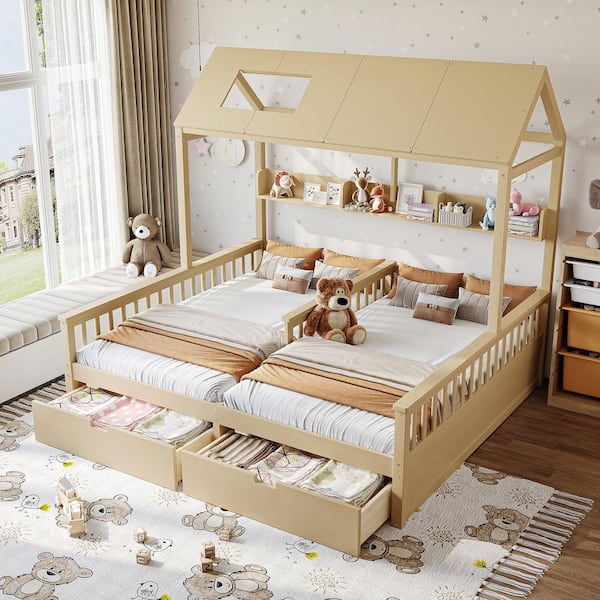 Natural/Brown Wood Frame Twin Size Platform Bed with Storage Shelves and Drawers,Support Slats