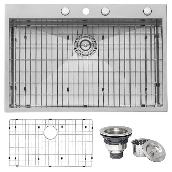 Tirana 33 in. Drop-in Topmount SIngle Bowl 16-Gauge Stainless Steel Stainless Steel Kitchen Sink with four holes
