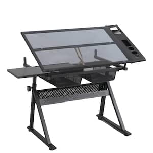 38.5 in. Black Tempered glass Adjustable Drafting Table/Writing Desk With Drawers And Chair