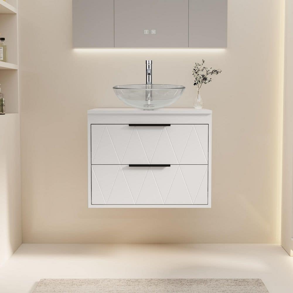 24 in. W x 20.5 in. D x 18.7 in. H Single Sink Bath Vanity in White with Clear Glass Vessel Sink Top Chrome Faucet Set price history on PriceWatchPro