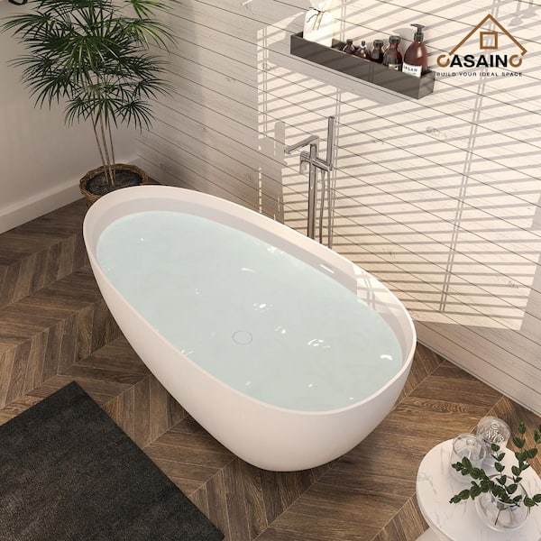 63 in. x 22 in. Solid Surface Stone Resin Stand Alone Freestanding Flatbottom Soaking Bathtub in White with Center Drain