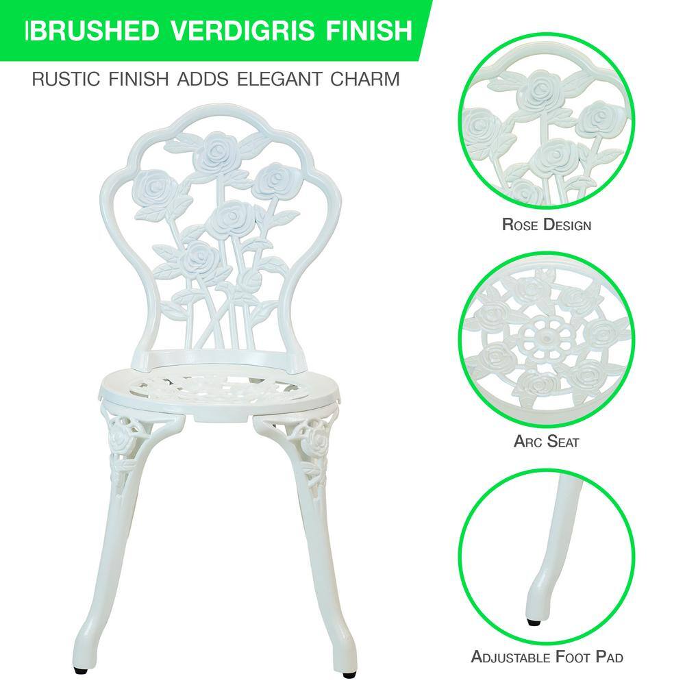 White Cast Aluminum Floral Bistro Set with Iron Legs
