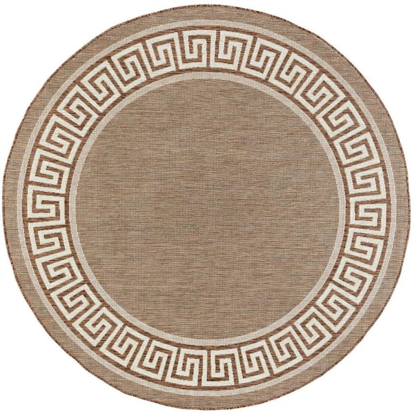 Eco Greek Key Brown 6 ft. Round Indoor/Outdoor Area Rug