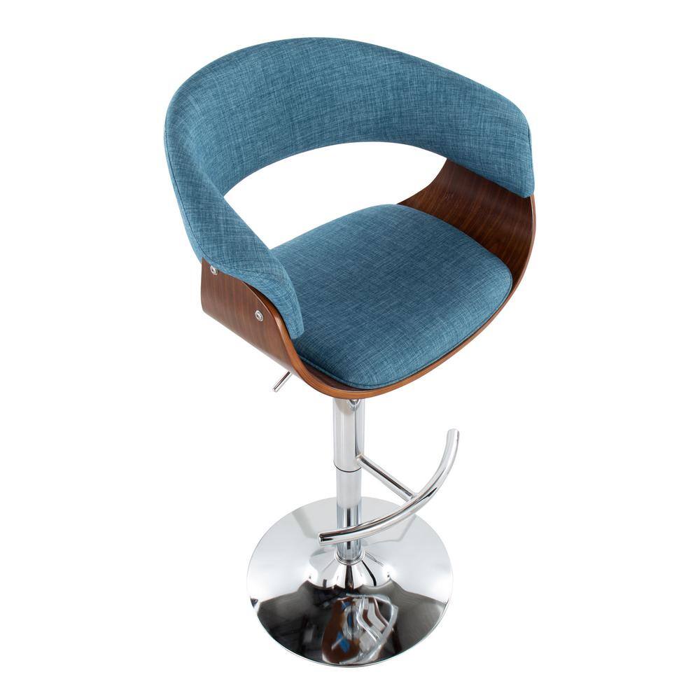 Set of 2 Blue Adjustable Swivel Bar Stools with Walnut Wood and Chrome Base
