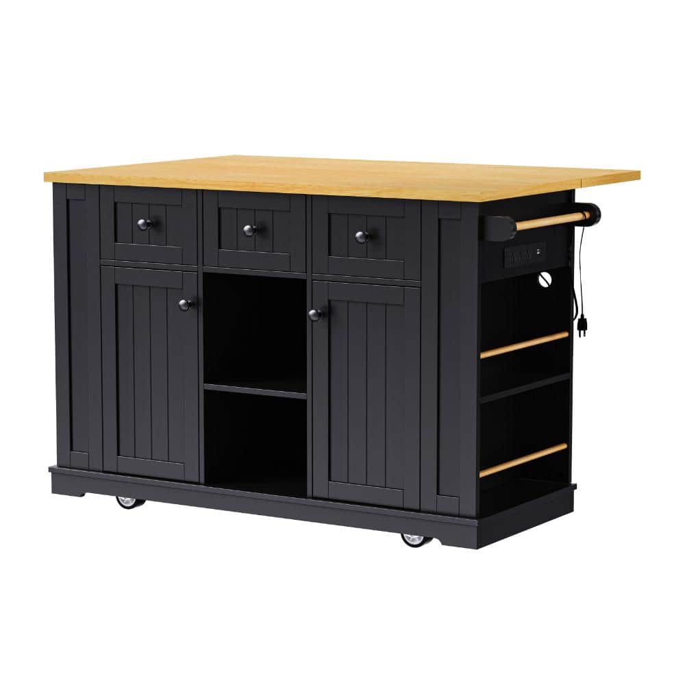 Black MDF Kitchen Cart with Drop Leaf,Power Outlet,Door Internal Storage Rack,Open Side Racks