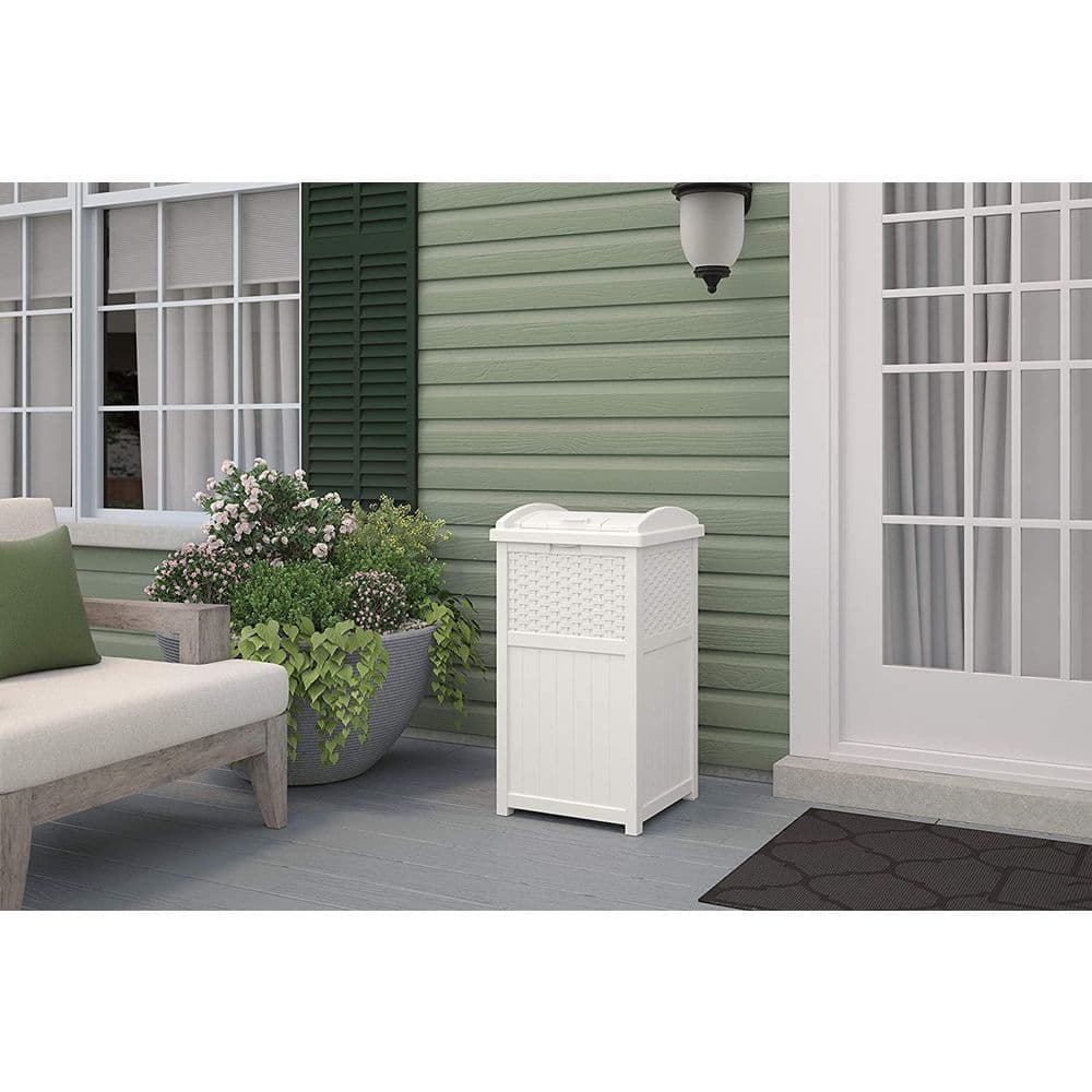 33 Gallon White Polypropylene Wicker Outdoor Trash Bin