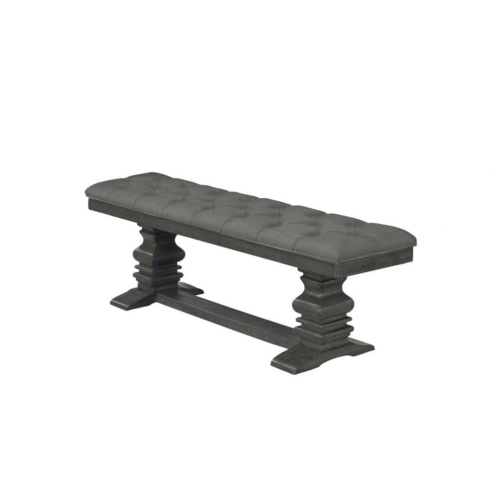 Dark Gray Tufted Linen Upholstered Wooden Bench