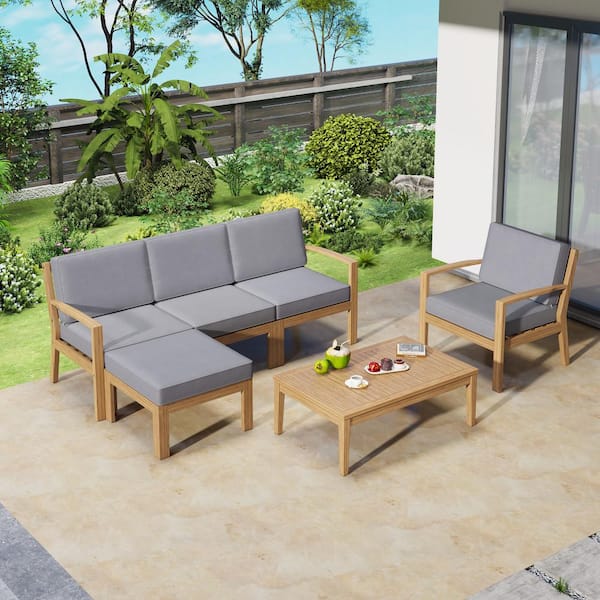 Harper & Bright Designs 6 Piece Acacia Wood Patio Conversation Set with Gray Cushions, Coffee Table and Ottoman