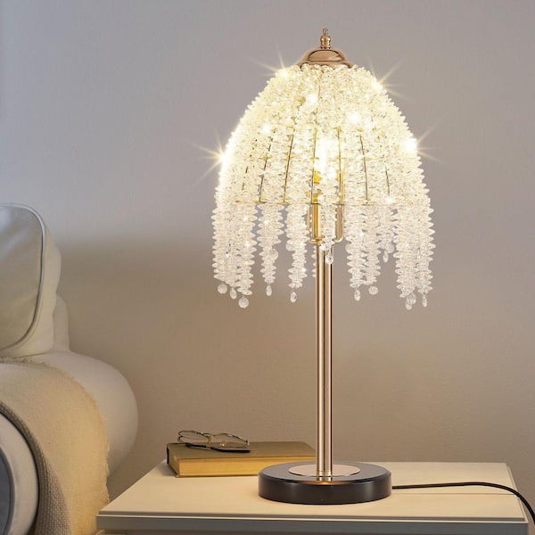 19 in. H Gold-A Table Lamp with Switch and Crystal Bead String for Bedroom, Living Room, Office (No Bulb Included)