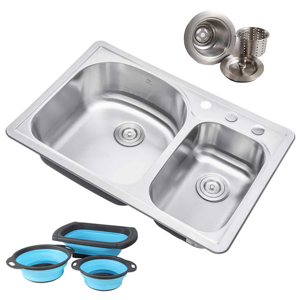 Topmount Drop-In 18-Gauge Stainless Steel 33 in. 3 Hole 70/30 Double Bowl K