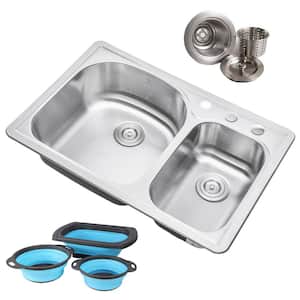 Topmount Drop-In 18-Gauge Stainless Steel 33 in. 3 Hole 70/30 Double Bowl Kitchen Sink w/ Collapsible Silicone Colanders
