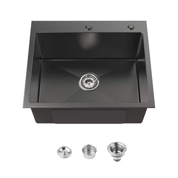 23 in. Drop-In Single Bowl 20-Gauge Black Stainless Steel Workstation Kitchen Sink with US Standard Drain and Hook