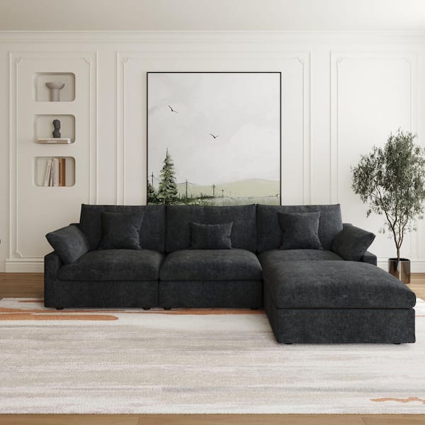 119.29 in. Slope Arm 4-Piece L-Shaped Linen Modern Oversize Modular Sectional Sofa Couch in Black with Ottoman