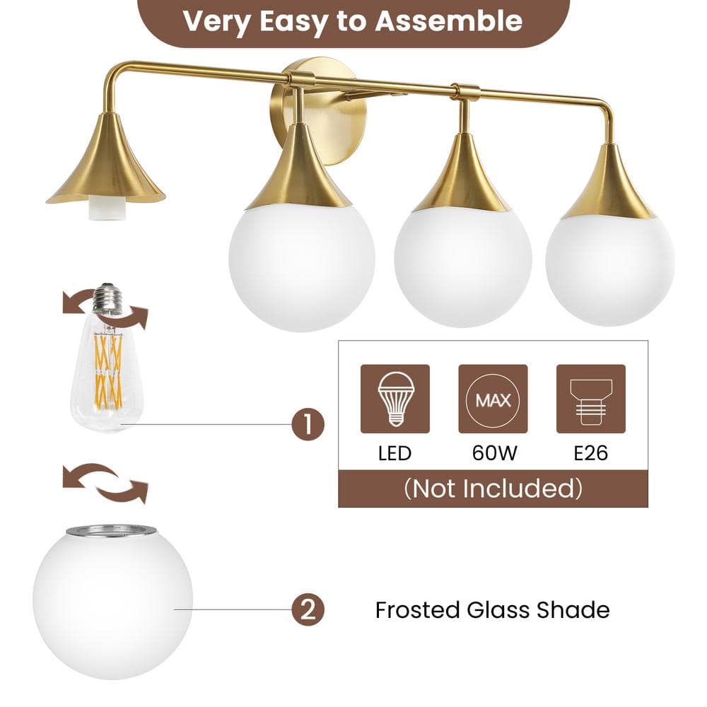 Brushed Gold 4-Light Vanity Fixture with White Glass Shades