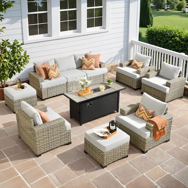 OVIOS Tiberty Gray 10-Piece Wicker Patio 54 in. Rectangle Fire Pit Conversation Set with Gray Cushions