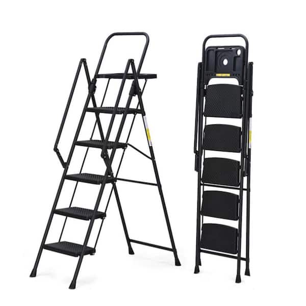 WRIGHTMASTER 5-Step Steel Folding Step Ladder (10 ft. Reach), 500 lb. Load Capacity, with Anti Slip Wide Pedals and Tool Tray