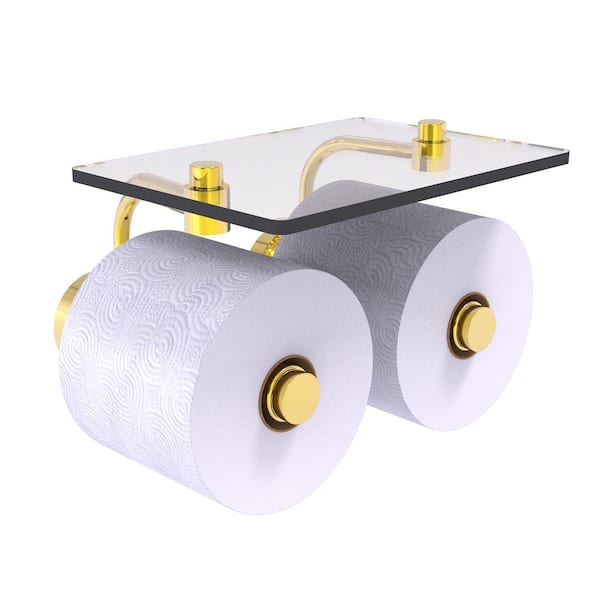 Allied Brass Dottingham 2 Roll Toilet Paper Holder with Glass Shelf in Polished Brass